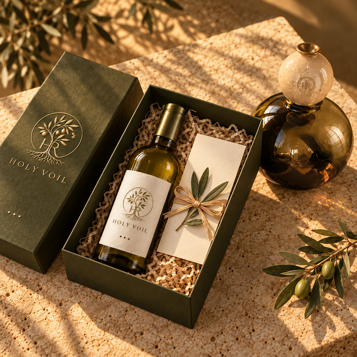 HolyVoil corporate gift concept with olive oil, presentation box and gift card
