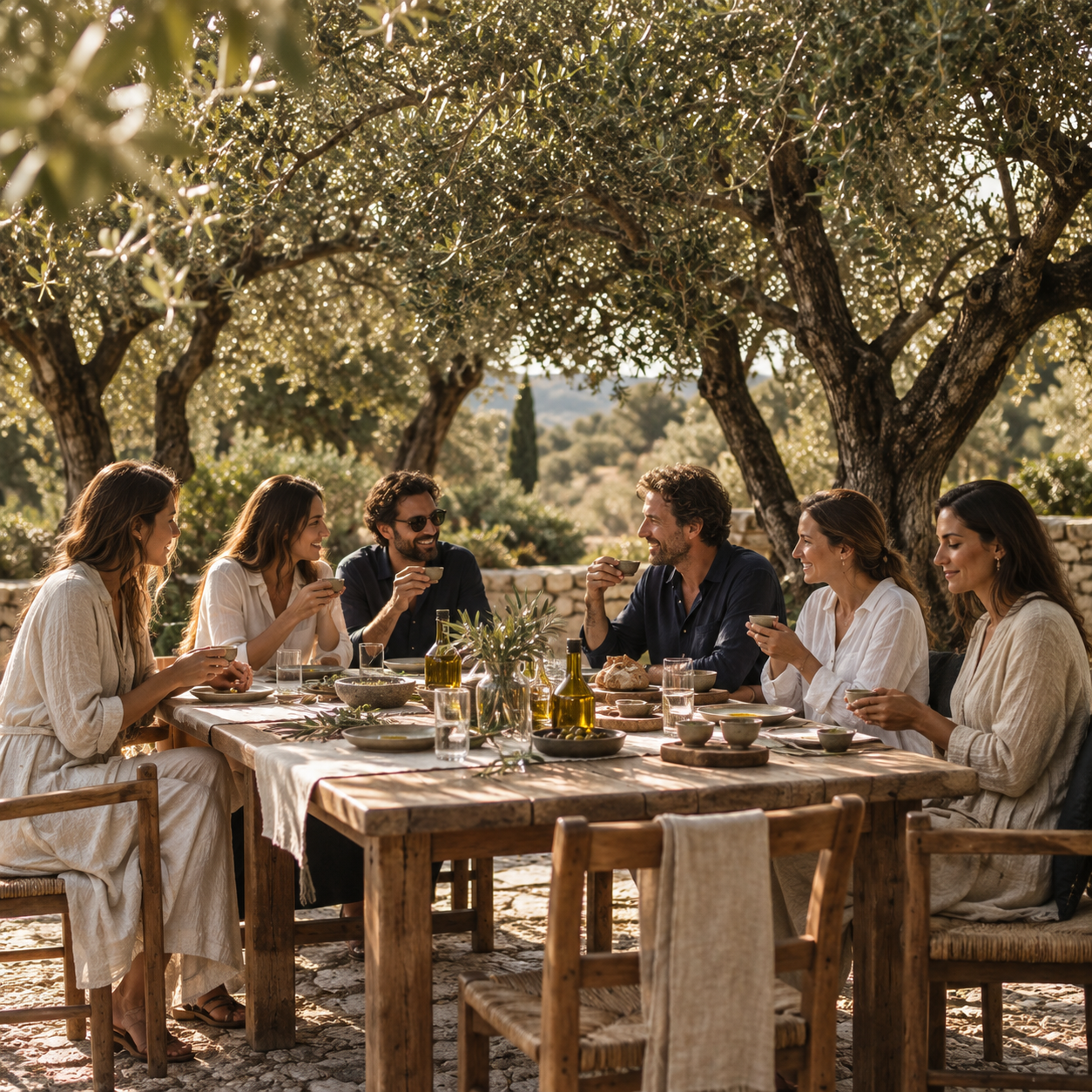 Guests gathering around a table among olive trees for a tasting experience